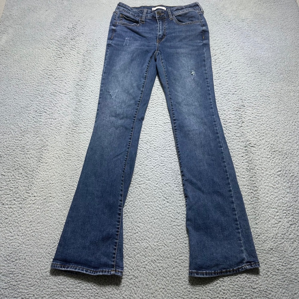 SO Womens 7/8 Bootcut Jeans Low Rise Distressed Blue Denim Stretch Y2K